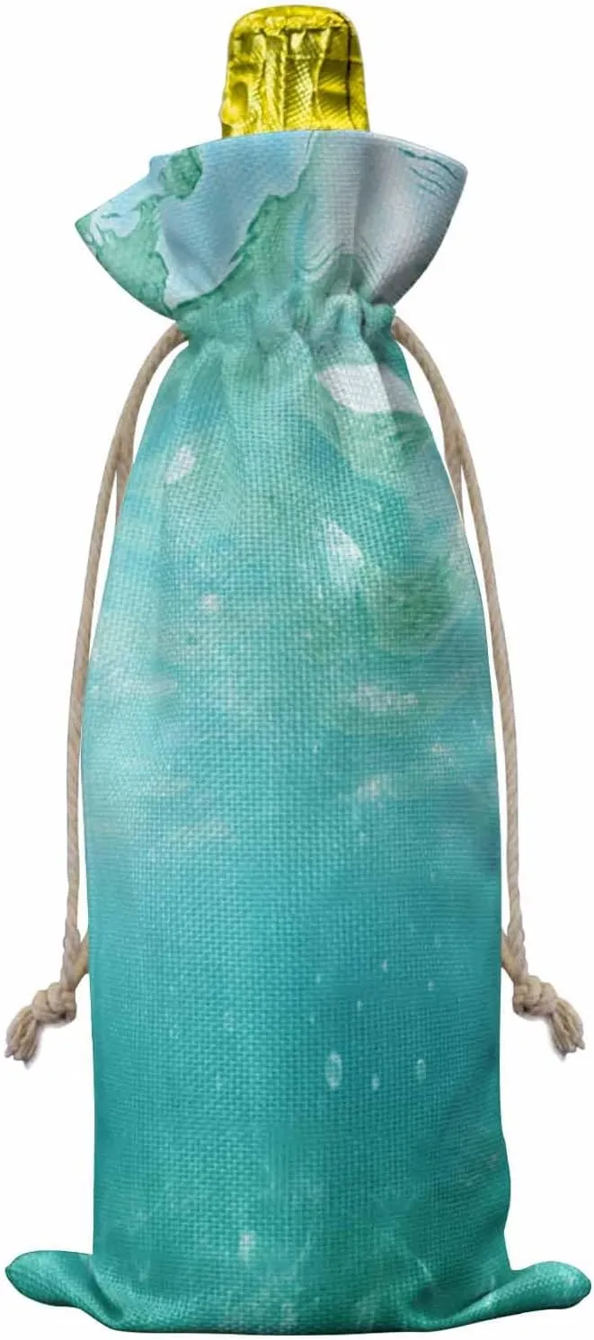 10 Pack Wine Bottle Bags, Teal Coastal Wine Bottle Cover with Drawstring, Summer Beach Ocean Seawater Nautical Gift Bag for Champagne, Wedding, Birthday, Party, BabyShower
