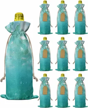 10 Pack Wine Bottle Bags, Teal Coastal Wine Bottle Cover with Drawstring, Summer Beach Ocean Seawater Nautical Gift Bag for Champagne, Wedding, Birthday, Party, BabyShower