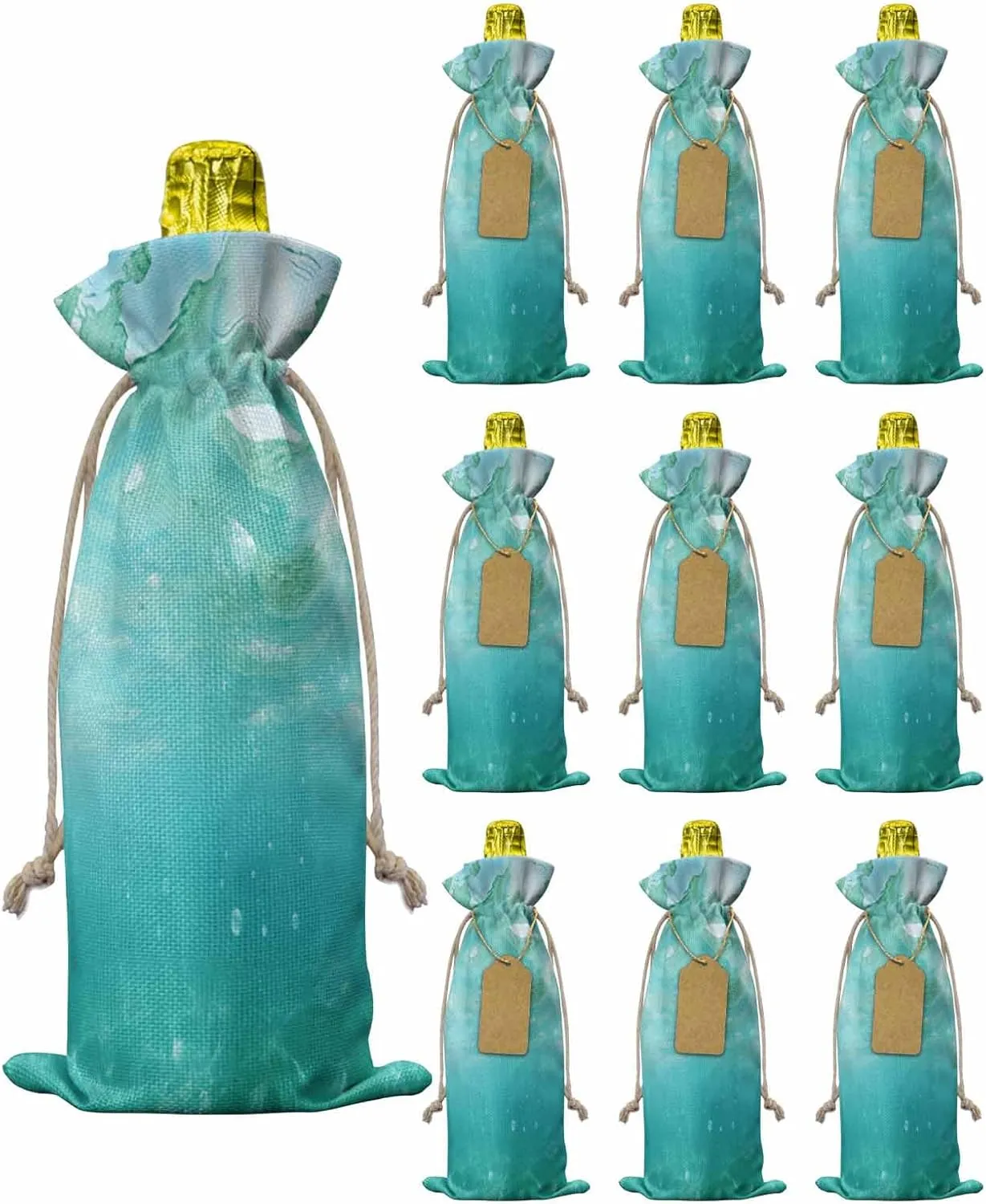 10 Pack Wine Bottle Bags, Teal Coastal Wine Bottle Cover with Drawstring, Summer Beach Ocean Seawater Nautical Gift Bag for Champagne, Wedding, Birthday, Party, BabyShower