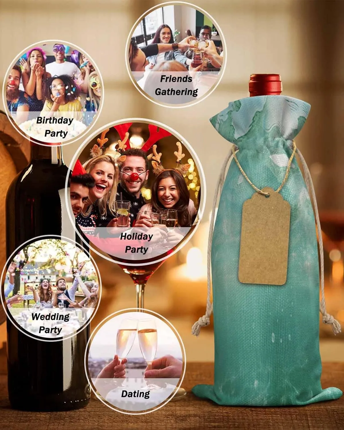 10 Pack Wine Bottle Bags, Teal Coastal Wine Bottle Cover with Drawstring, Summer Beach Ocean Seawater Nautical Gift Bag for Champagne, Wedding, Birthday, Party, BabyShower