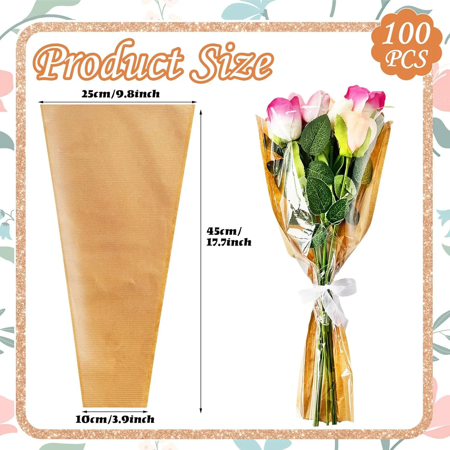 100 PCS Flower Bags for Bouquets,Flower Wrapping Papers,Kraft Flower Wrapping Bags,Floral Wrapping Paper Flower Sleeves for Valentine's Day,Wedding,Graduation,Mother's Day(17.7" x 9.8" x 3.9" )