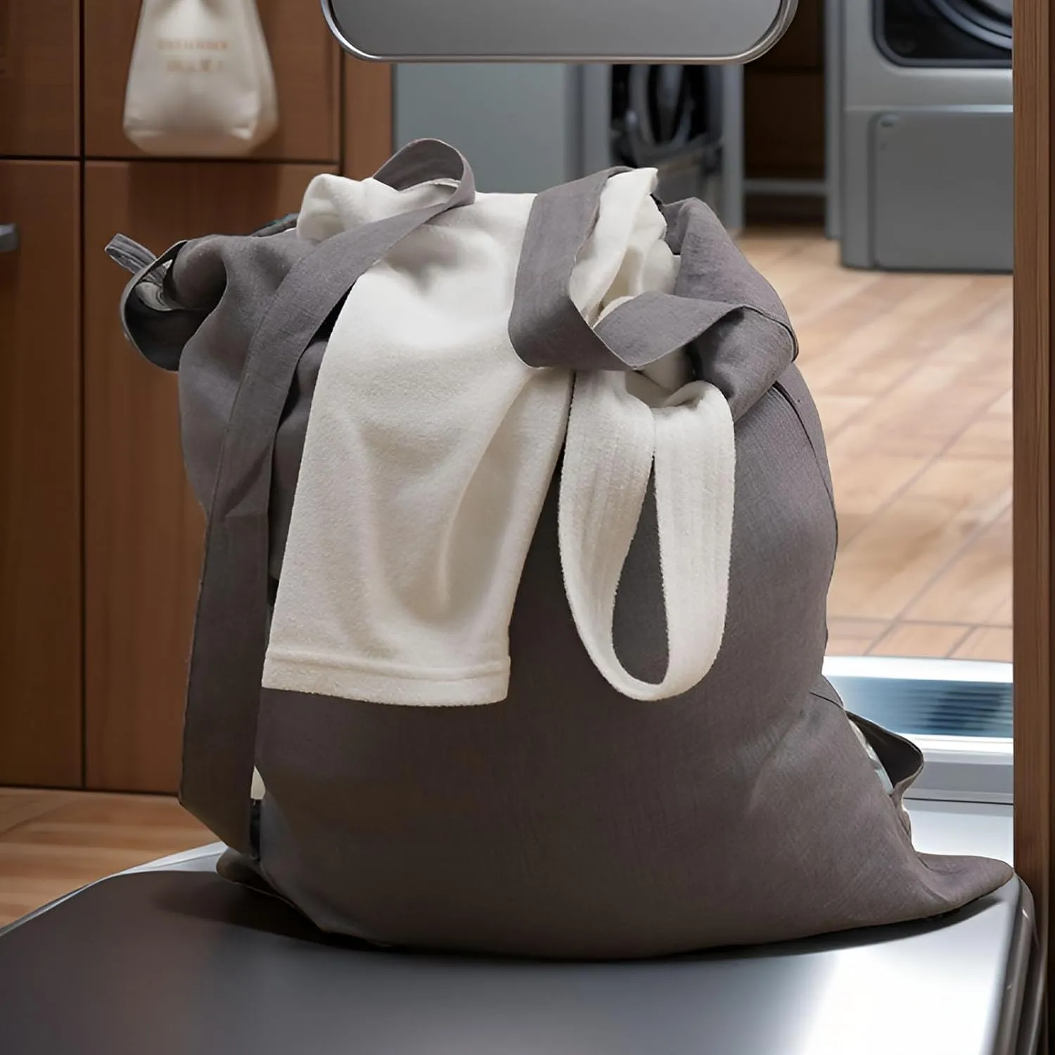 100% Pure Linen Travel Backpack Laundry Bags with Shoulder Straps 20x24in-Washable Drawstring Hanging Laundry Hamper Rxtra Large Portable Cloth Laundry Bag for Dorm College Military Gym-Grey