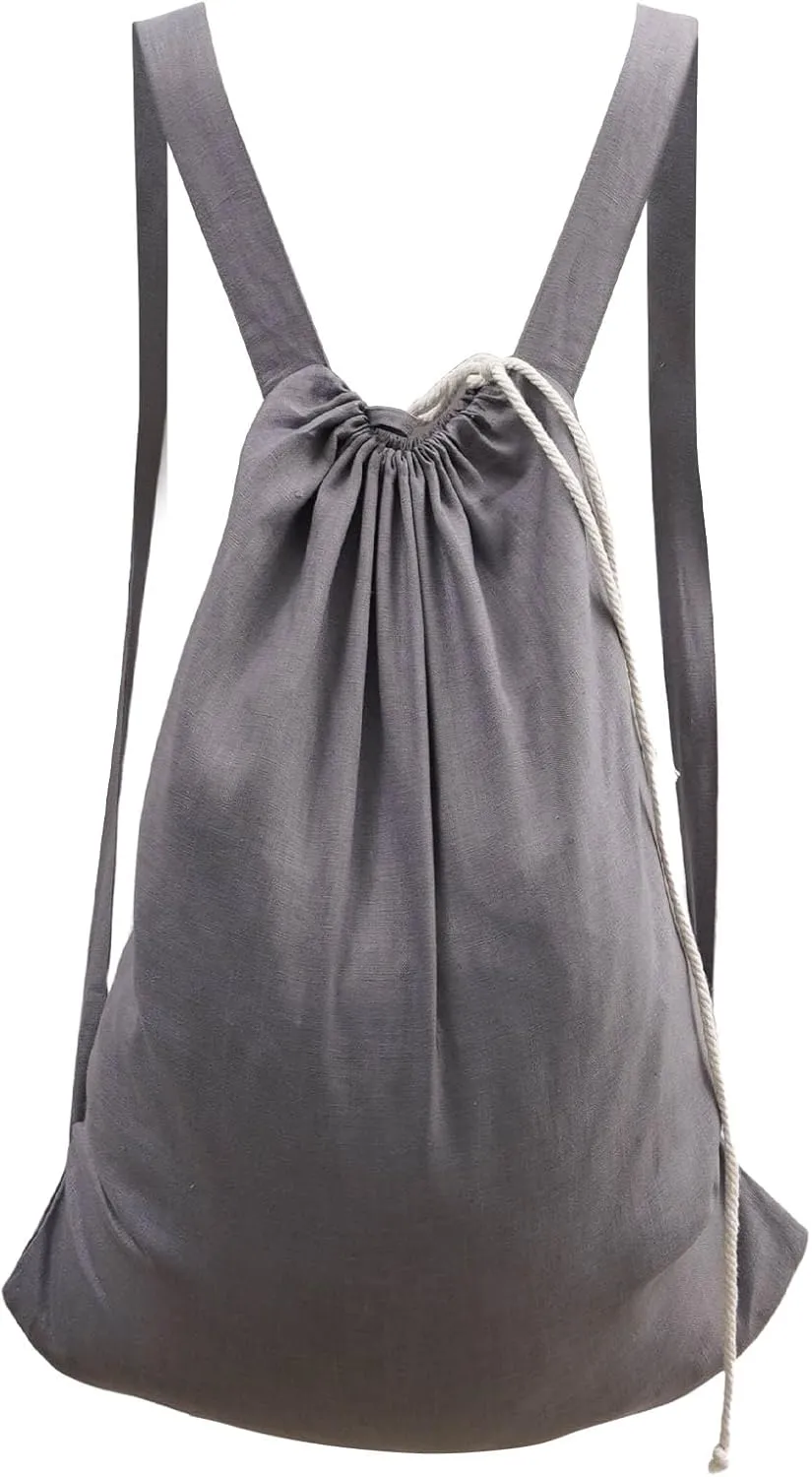 100% Pure Linen Travel Backpack Laundry Bags with Shoulder Straps 20x24in-Washable Drawstring Hanging Laundry Hamper Rxtra Large Portable Cloth Laundry Bag for Dorm College Military Gym-Grey
