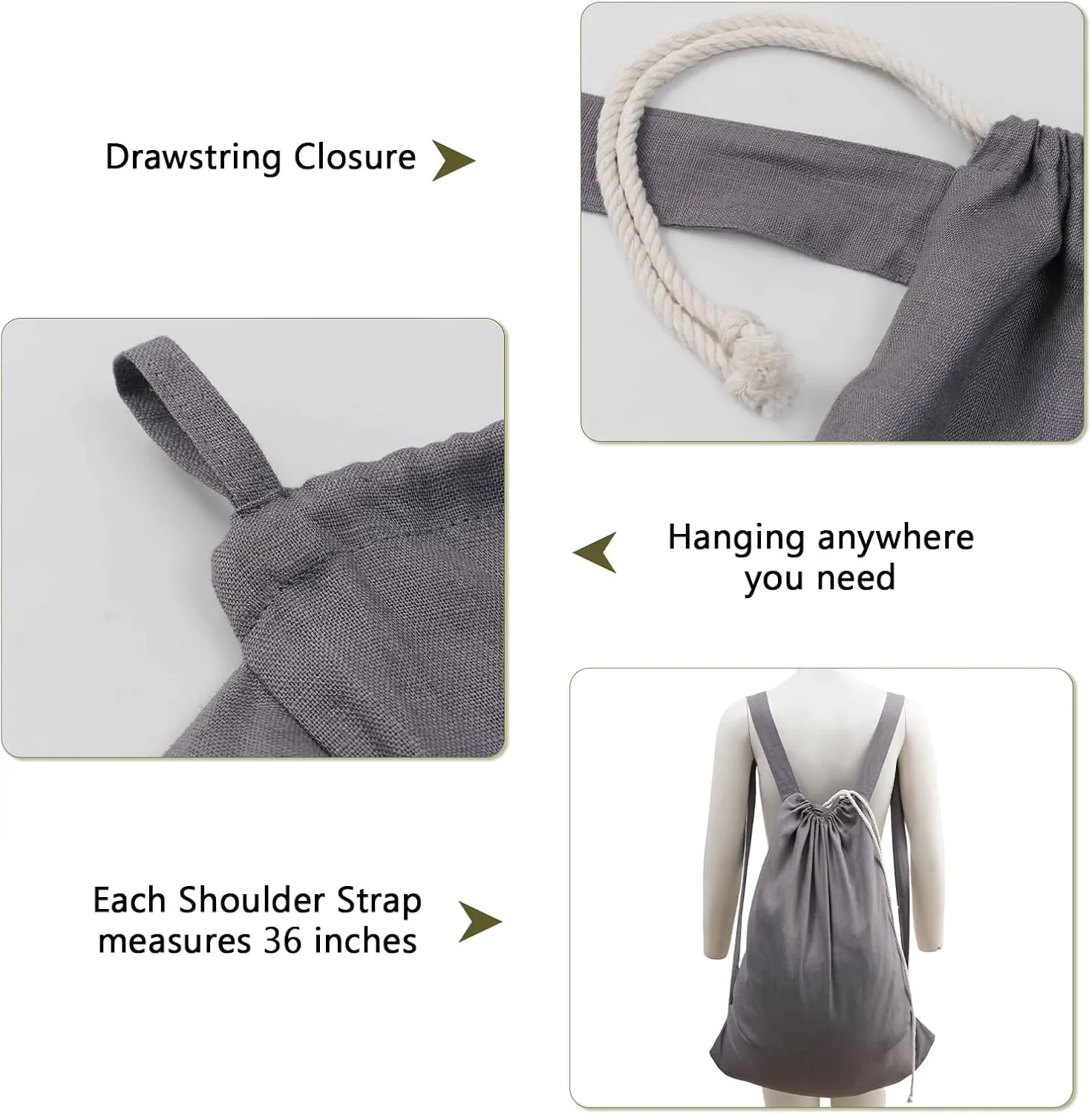100% Pure Linen Travel Backpack Laundry Bags with Shoulder Straps 20x24in-Washable Drawstring Hanging Laundry Hamper Rxtra Large Portable Cloth Laundry Bag for Dorm College Military Gym-Grey