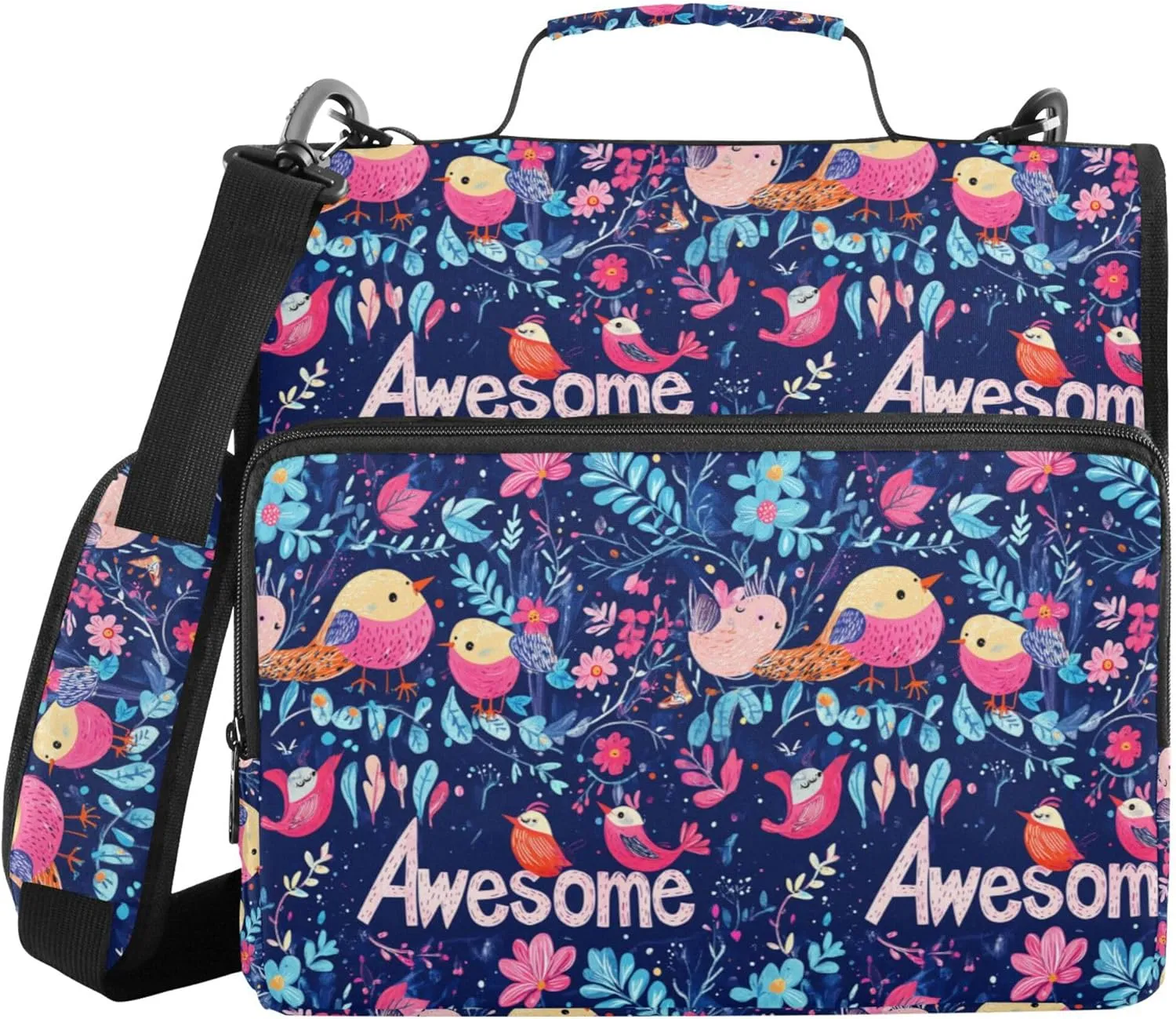 1.5 Inch 3 Rings Binder Zipper with Shoulder Strap & Handle Multiple Pockets Documents Files Storage Bag for Office School Parents' Day Bird Family