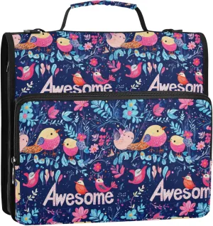 1.5 Inch 3 Rings Binder Zipper with Shoulder Strap & Handle Multiple Pockets Documents Files Storage Bag for Office School Parents' Day Bird Family