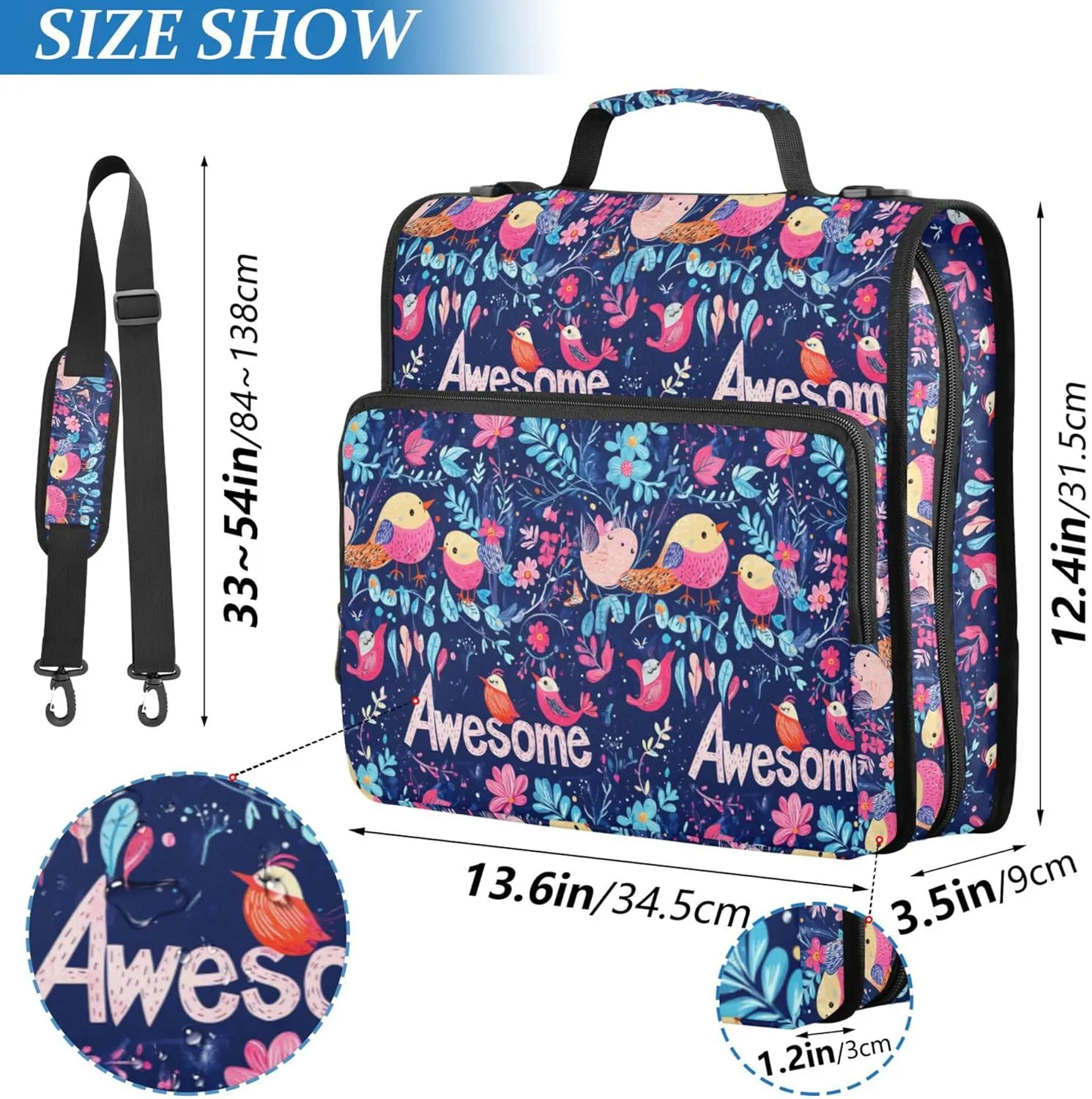 1.5 Inch 3 Rings Binder Zipper with Shoulder Strap & Handle Multiple Pockets Documents Files Storage Bag for Office School Parents' Day Bird Family