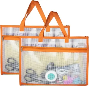 2 Pcs Portable Project Bags for Quilting Knitting, Stitching and Embroidery Projects Storage, Madam Sew Project Bag with Zipper and Double Pockets, Transparent Mesh Sewing Project Bag for Crafter
