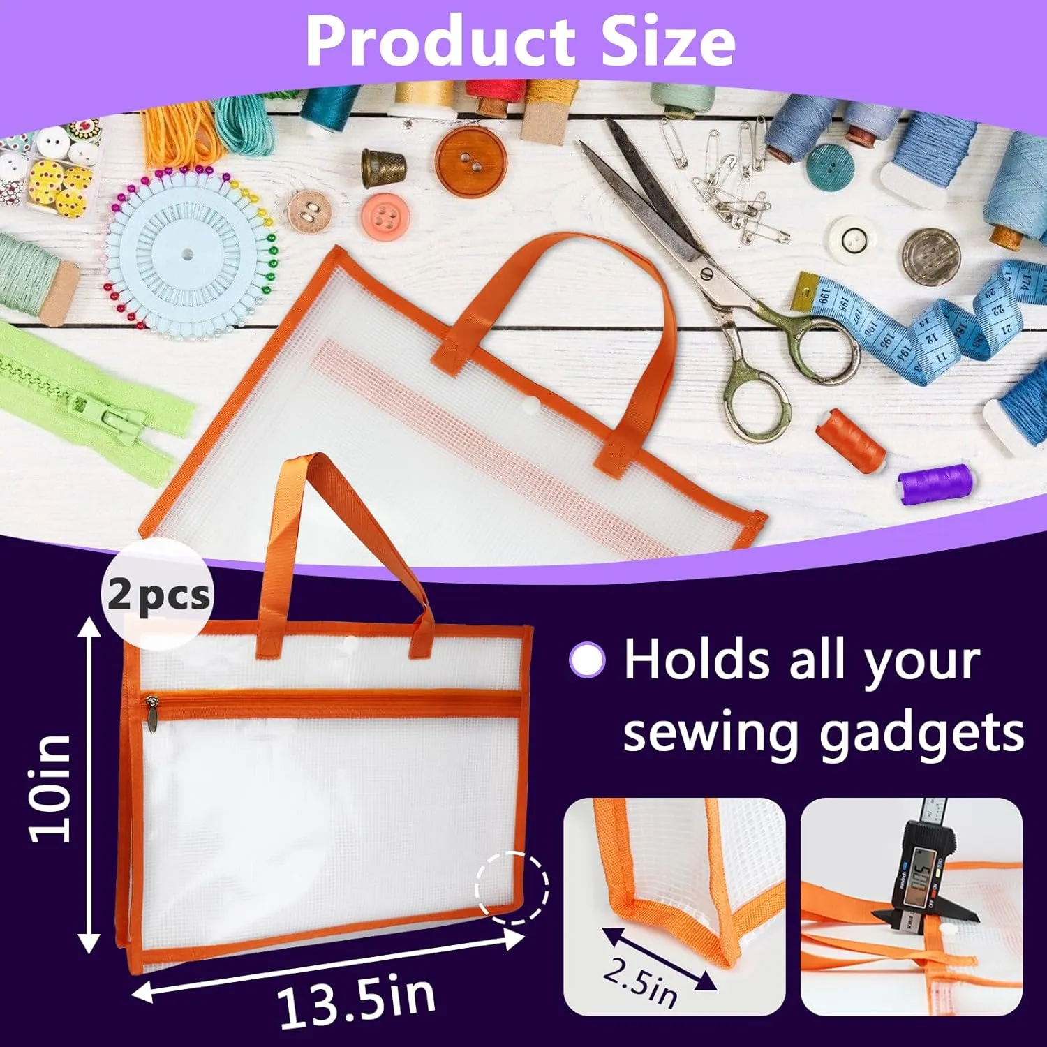 2 Pcs Portable Project Bags for Quilting Knitting, Stitching and Embroidery Projects Storage, Madam Sew Project Bag with Zipper and Double Pockets, Transparent Mesh Sewing Project Bag for Crafter