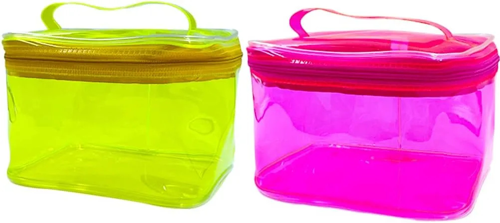 2PCS Clear Handle Zipper Cosmetic Bag and Versatile Travel Pouch,Durable PVC Material,for Makeup Travel Essentials (Pink Yellow)