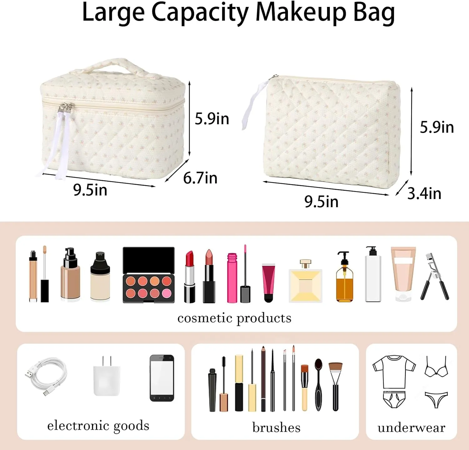 2Pcs Cotton Quilted Makeup Bag Cute Floral Cosmetic Bag With Zipper Portable Travel Toiletry Bag For Women Large Coquette Aesthetic Bag Makeup Organizer Fashion Gift For Travelers