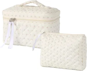 2Pcs Cotton Quilted Makeup Bag Cute Floral Cosmetic Bag With Zipper Portable Travel Toiletry Bag For Women Large Coquette Aesthetic Bag Makeup Organizer Fashion Gift For Travelers