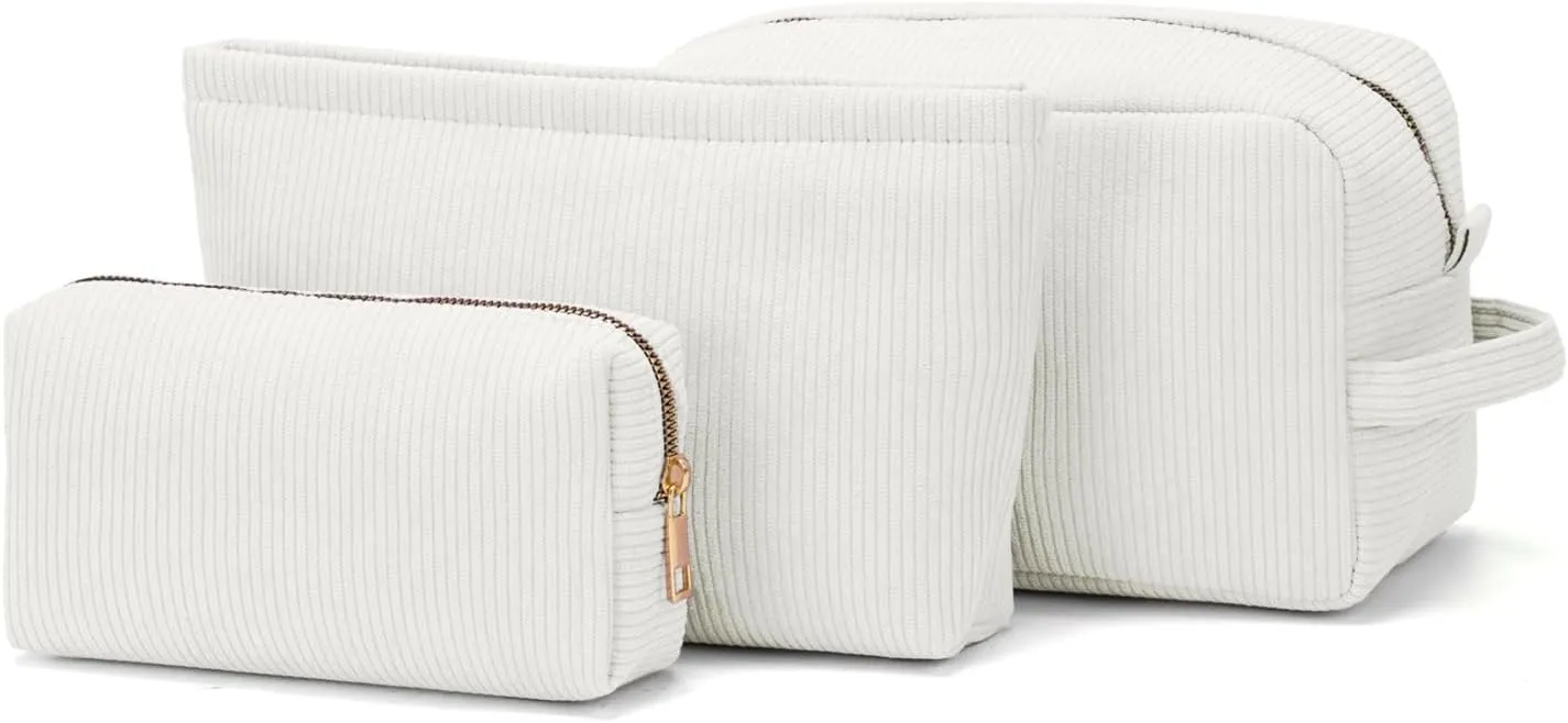 3 Pieces Makeup Bag Cosmetic Bags for Women Corduroy Travel Toiletry Make Up Brush Storage Bag Pounch Organizer Travel Essenitial for Women (White)
