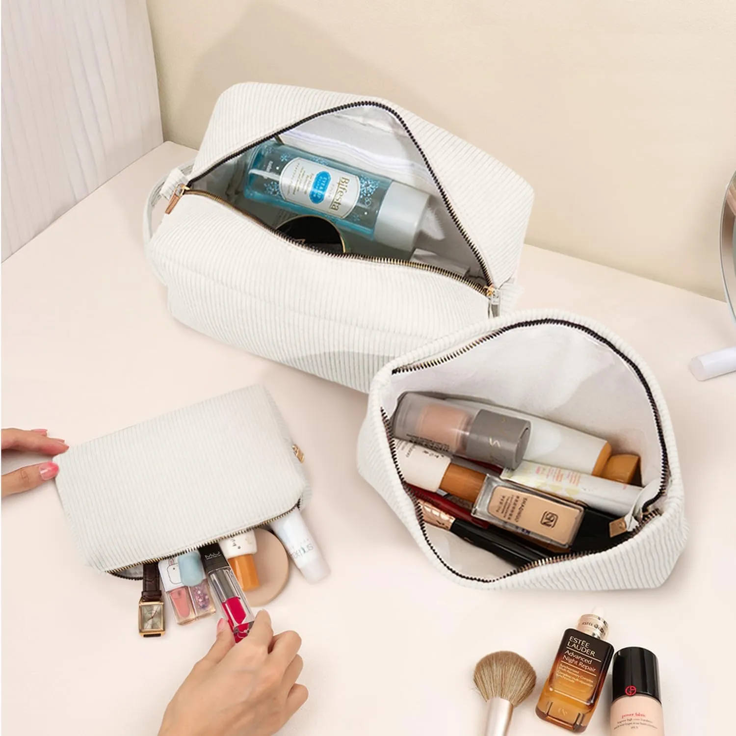 3 Pieces Makeup Bag Cosmetic Bags for Women Corduroy Travel Toiletry Make Up Brush Storage Bag Pounch Organizer Travel Essenitial for Women (White)