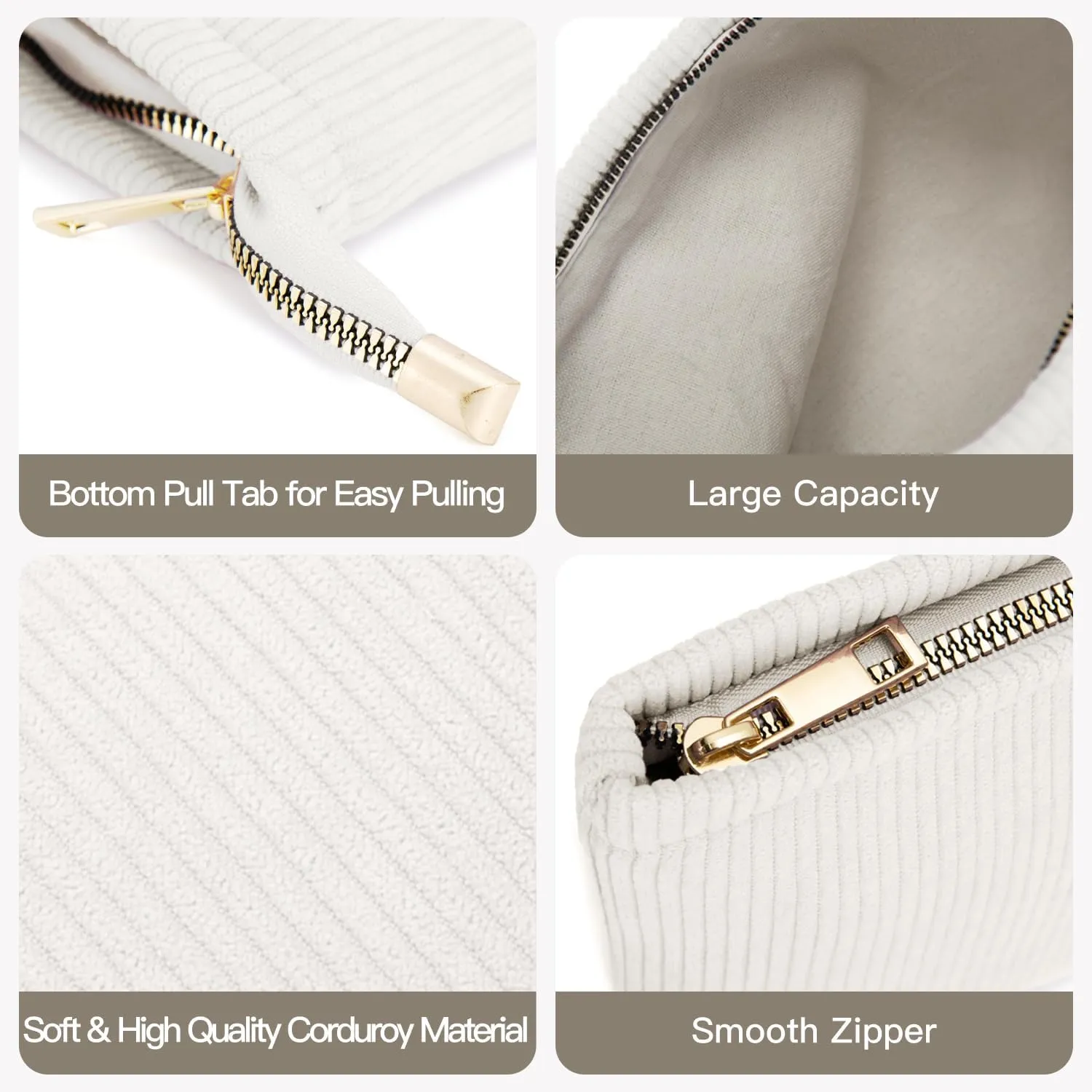 3 Pieces Makeup Bag Cosmetic Bags for Women Corduroy Travel Toiletry Make Up Brush Storage Bag Pounch Organizer Travel Essenitial for Women (White)