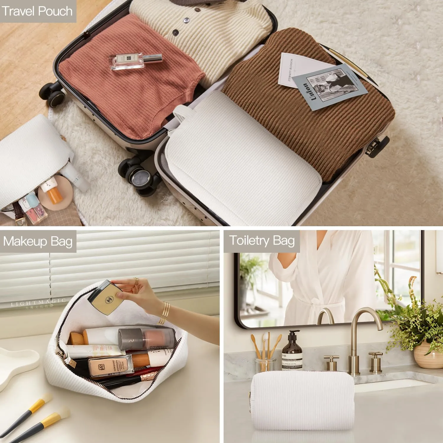 3 Pieces Makeup Bag Cosmetic Bags for Women Corduroy Travel Toiletry Make Up Brush Storage Bag Pounch Organizer Travel Essenitial for Women (White)