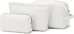3 Pieces Makeup Bag Cosmetic Bags for Women Corduroy Travel Toiletry Make Up Brush Storage Bag Pounch Organizer Travel Essenitial for Women (White)