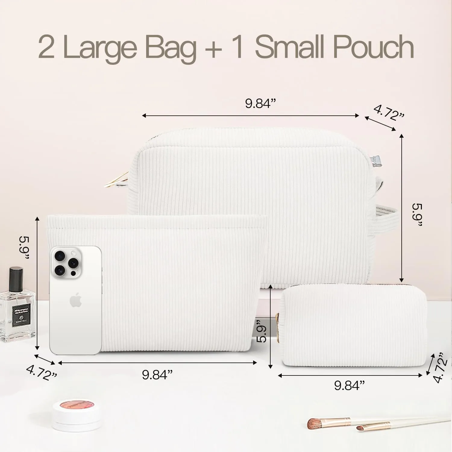 3 Pieces Makeup Bag Cosmetic Bags for Women Corduroy Travel Toiletry Make Up Brush Storage Bag Pounch Organizer Travel Essenitial for Women (White)