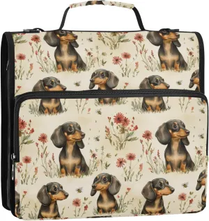 3 Rings 1.5 inch Binder Organizer with Handle and Removable Shoulder Strap Easy to Carry Portable Home Travel Safe Storage Bag for Middle Student Cartoon Cute Dachshund Dog