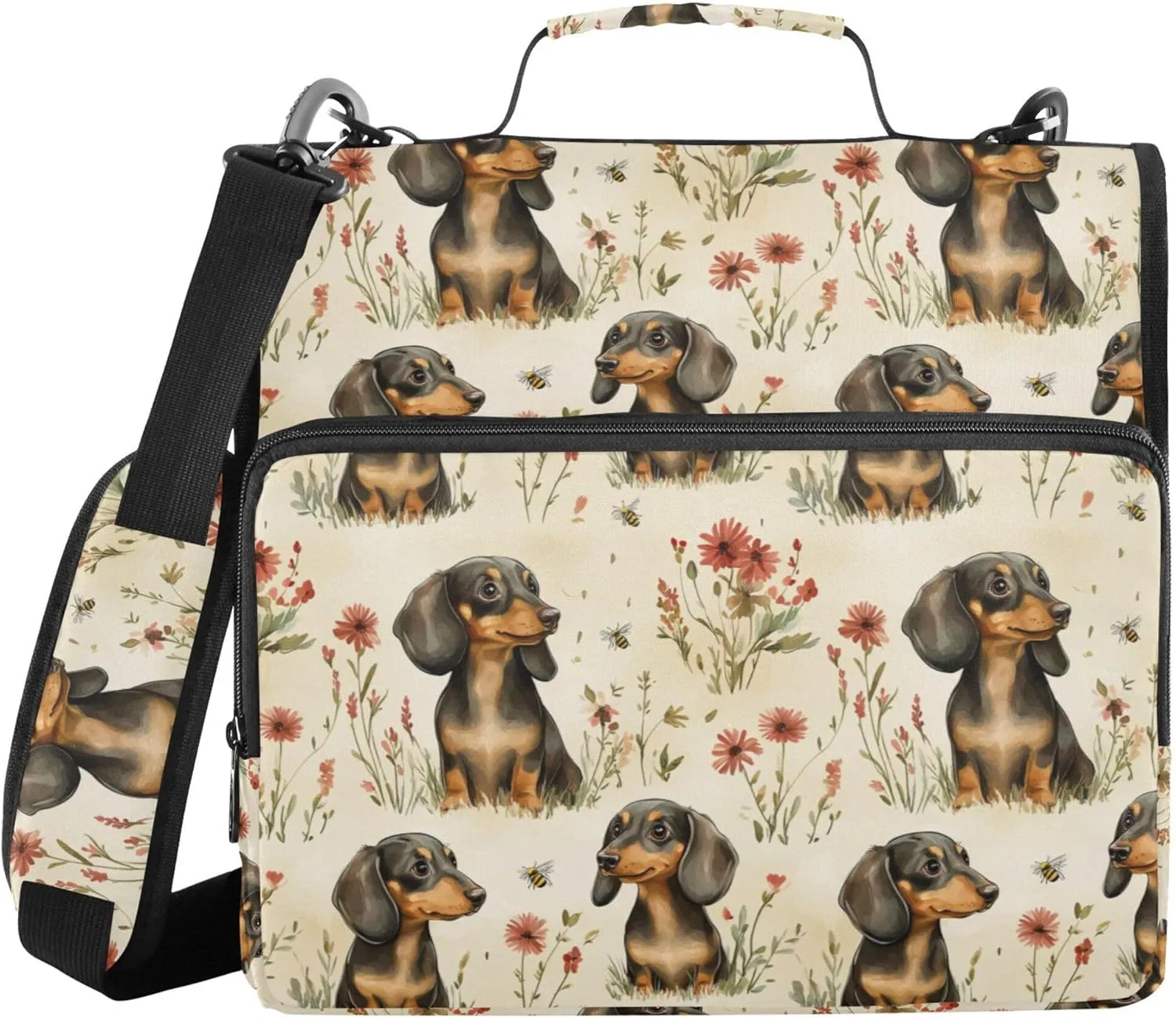3 Rings 1.5 inch Binder Organizer with Handle and Removable Shoulder Strap Easy to Carry Portable Home Travel Safe Storage Bag for Middle Student Cartoon Cute Dachshund Dog