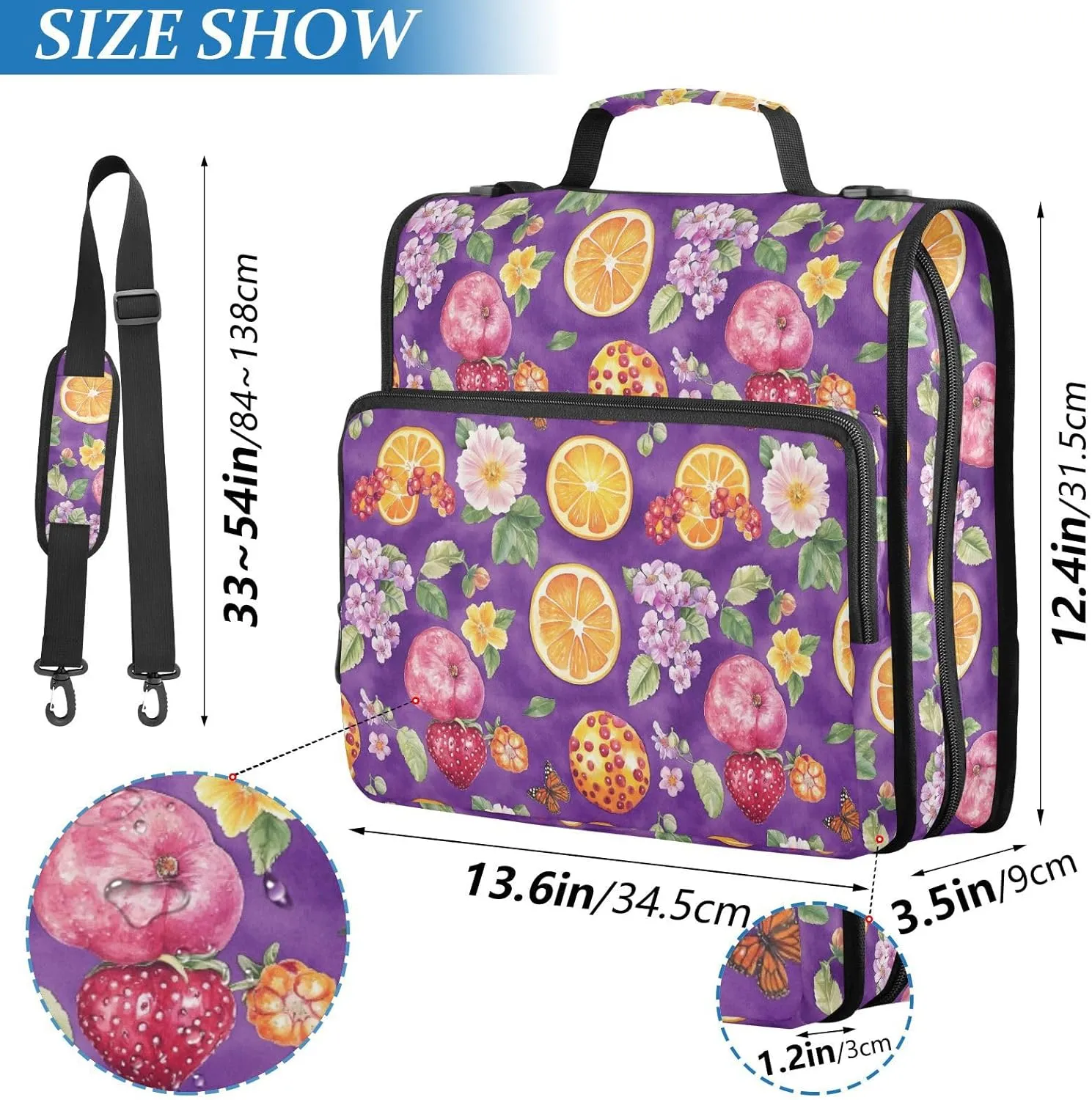 3 Rings 1.5 inch Sturdy Zipper Binder with Strap Waterproof School Supplies Organizer Suitable for Middle School Beauty Cloudberry Fruit