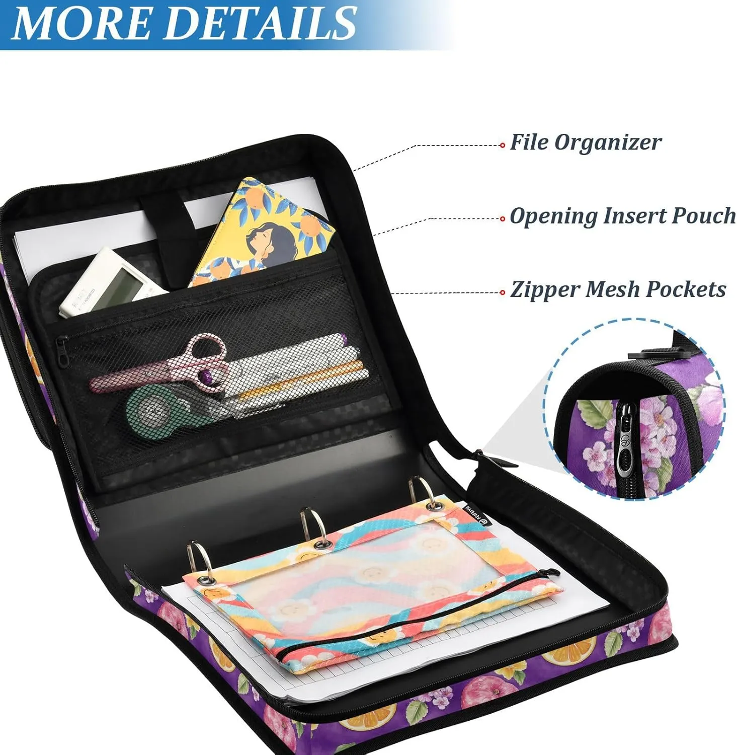 3 Rings 1.5 inch Sturdy Zipper Binder with Strap Waterproof School Supplies Organizer Suitable for Middle School Beauty Cloudberry Fruit