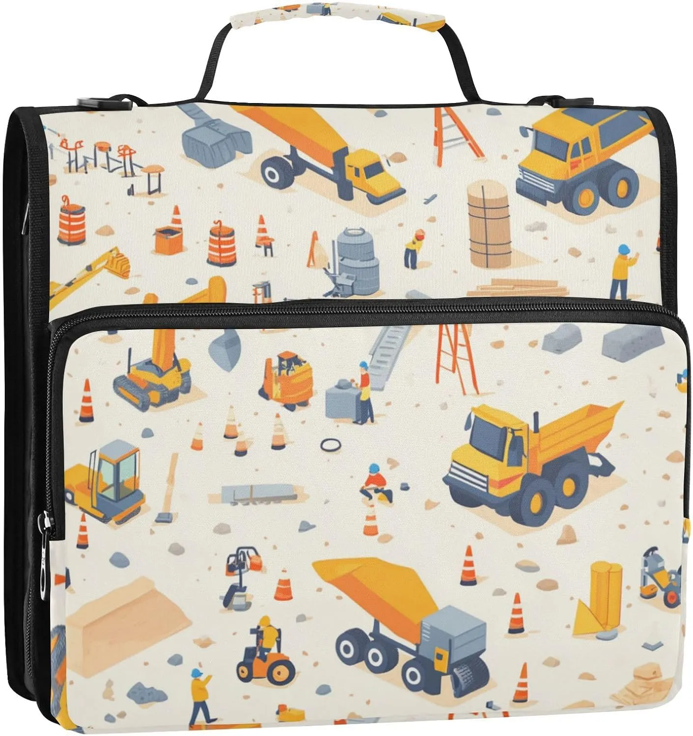 3 Rings Zippered Binder Bag with Shoulder Strap Waterproof School Binders Organizer for School/Office Construction Scene Build A House Grader Concrete Mixer Truck