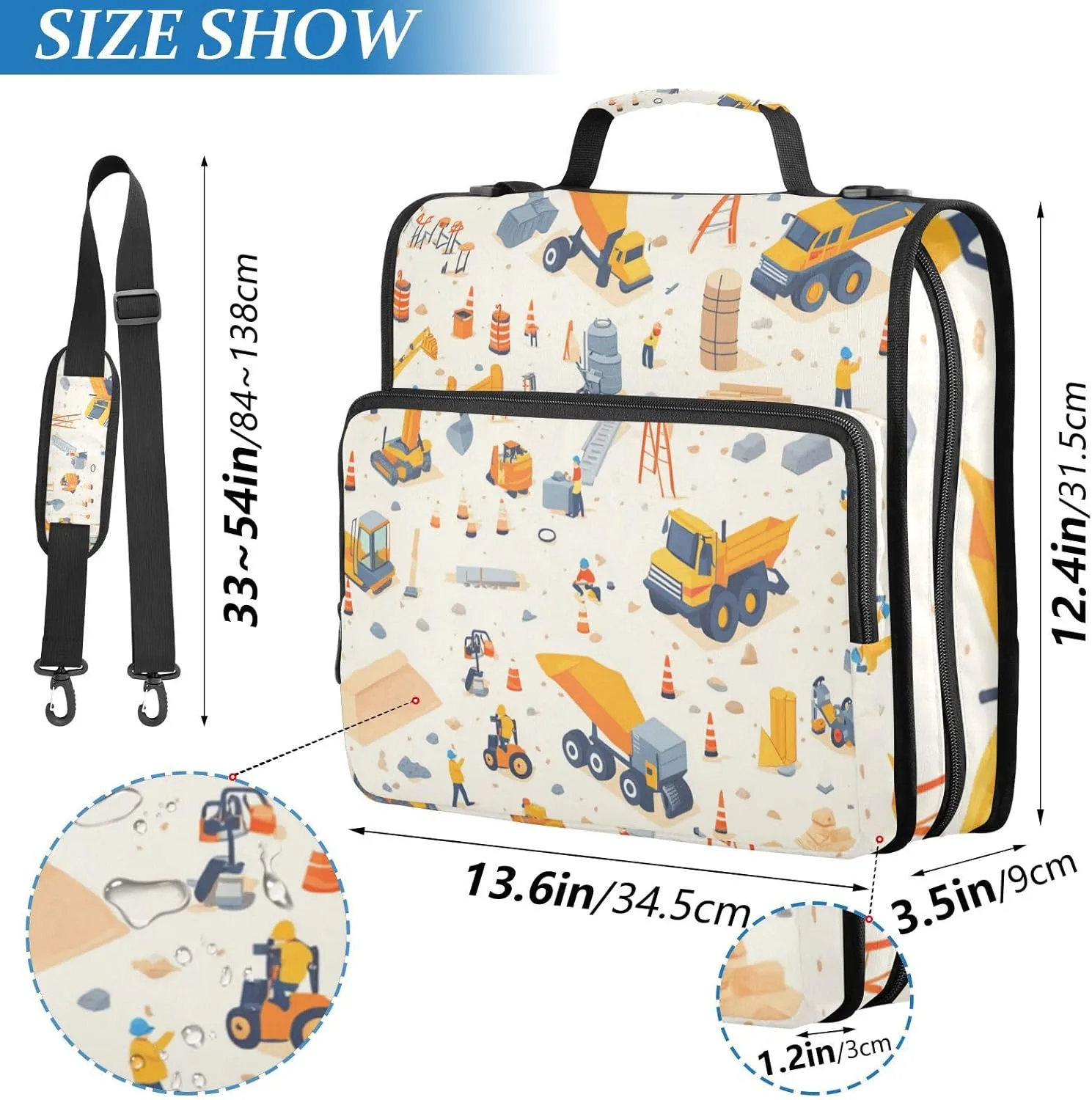 3 Rings Zippered Binder Bag with Shoulder Strap Waterproof School Binders Organizer for School/Office Construction Scene Build A House Grader Concrete Mixer Truck