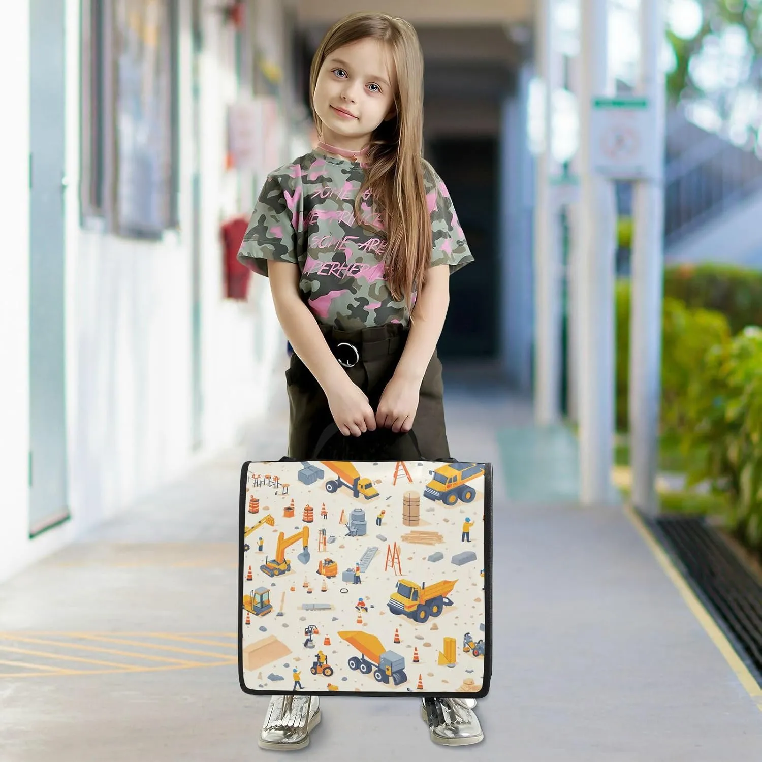 3 Rings Zippered Binder Bag with Shoulder Strap Waterproof School Binders Organizer for School/Office Construction Scene Build A House Grader Concrete Mixer Truck