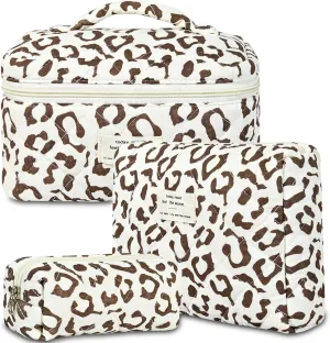 3Pcs Quilted Makeup Bag for Women, Large Travel Makeup Bag Set, Cute Aesthetic Cosmetic Bags, Floral Cotton Makeup Pouch Coquette Toiletry Organizer Bag