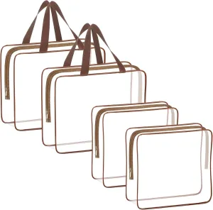 4 Pieces Clear Makeup Bags, Large Cosmetic Toiletry Bag, PVC Tote With Zipper Handle, Portable Travel Luggage Pouch for Airport Airline Vacation Organization (Coffee)