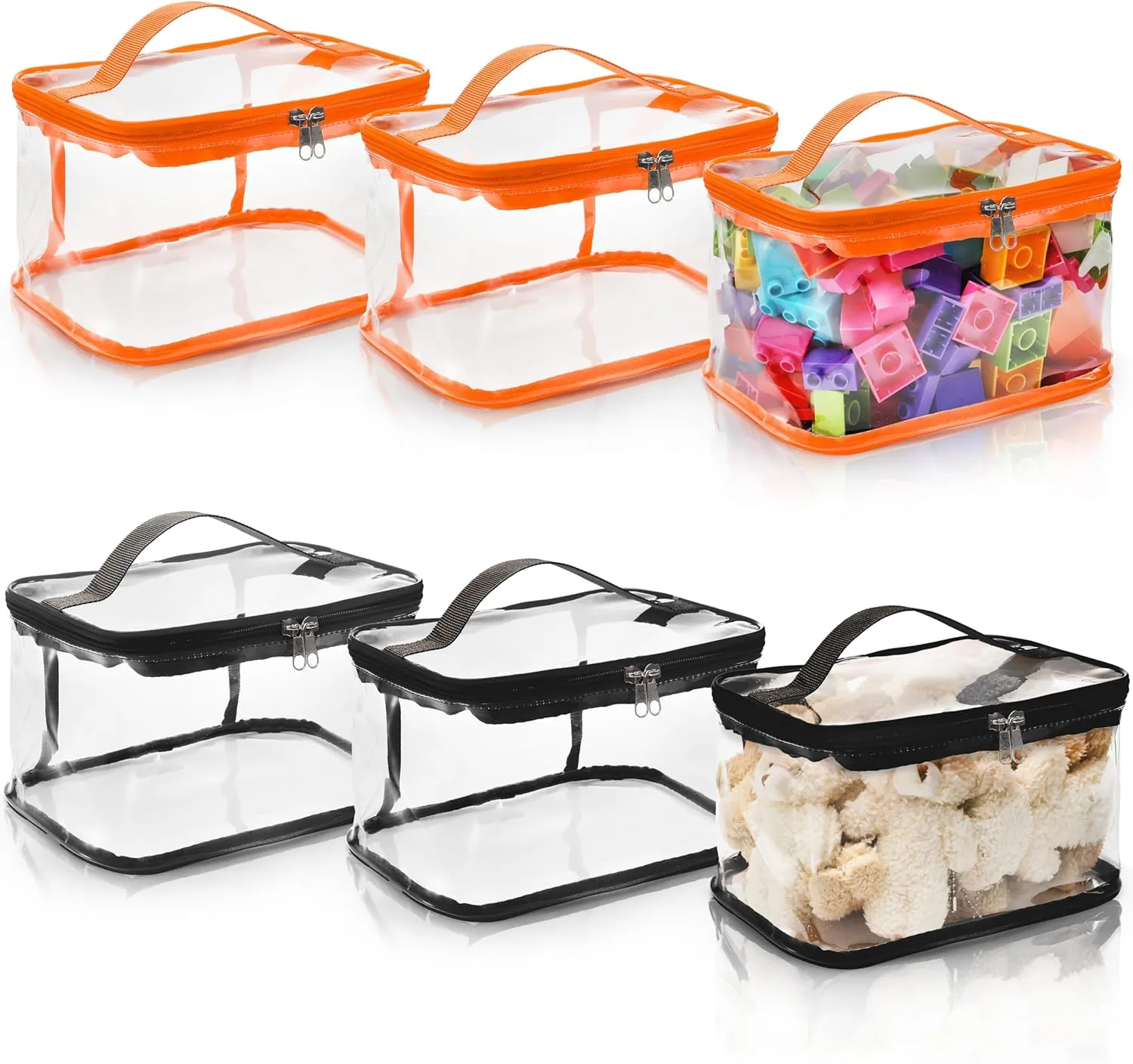 6 Pack Clear Toy Storage Bags, Waterproof PVC Toy Organizing Bags with Zipper, Transparent Board Game Storage, Cosmetic Toiletry Travel Tote Pouch for Building Blocks, Puzzle, Books