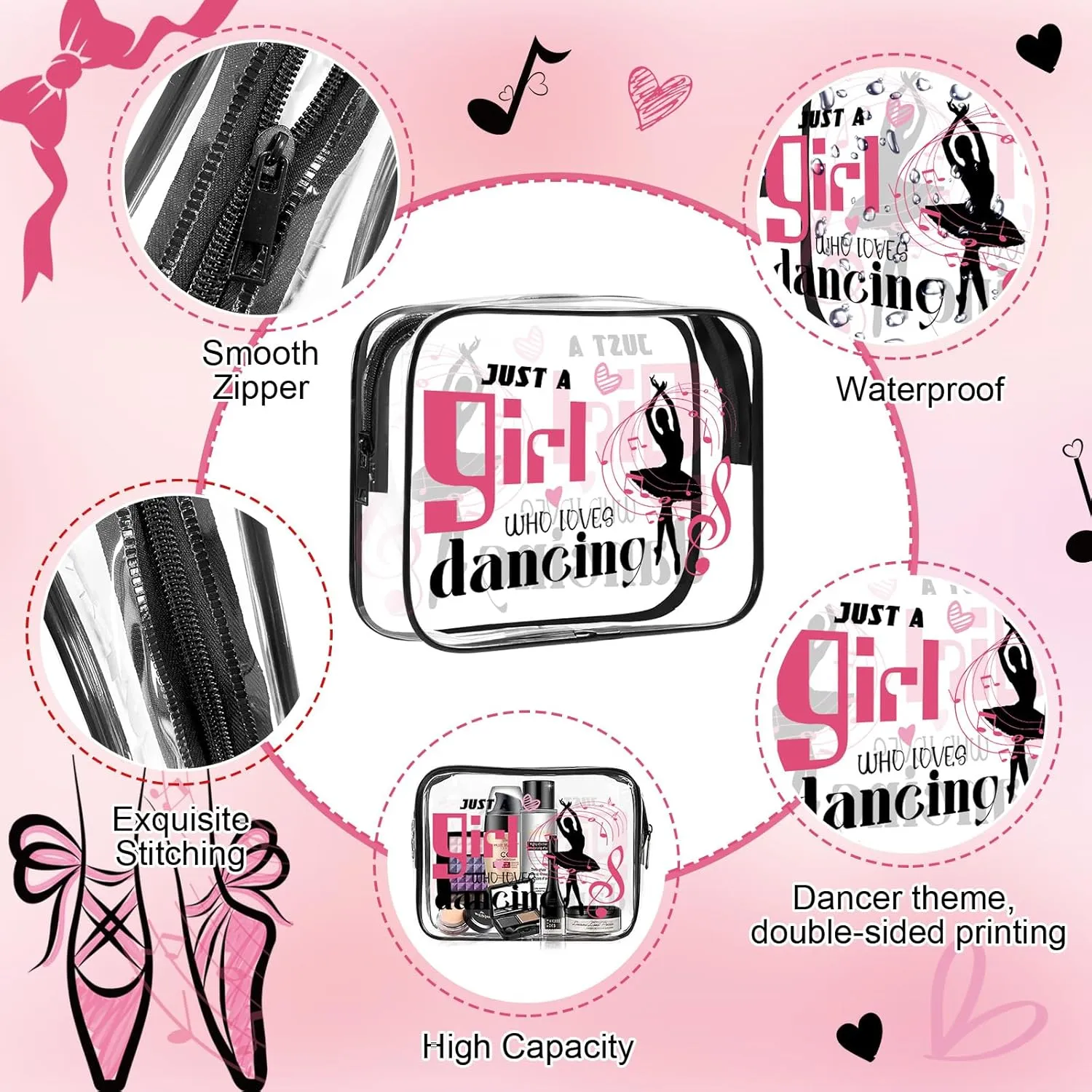 6Pcs Dance Clear Makeup Bag Dancer Gifts PVC Cosmetic Bags Transparent Plastic Pouch with Zipper Waterproof Travel Toiletry Bag Dance Gift Survival Kit for Graduation Ballet Lover Girl Dancer Teacher