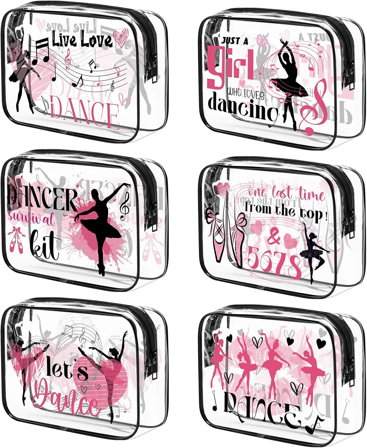 6Pcs Dance Clear Makeup Bag Dancer Gifts PVC Cosmetic Bags Transparent Plastic Pouch with Zipper Waterproof Travel Toiletry Bag Dance Gift Survival Kit for Graduation Ballet Lover Girl Dancer Teacher