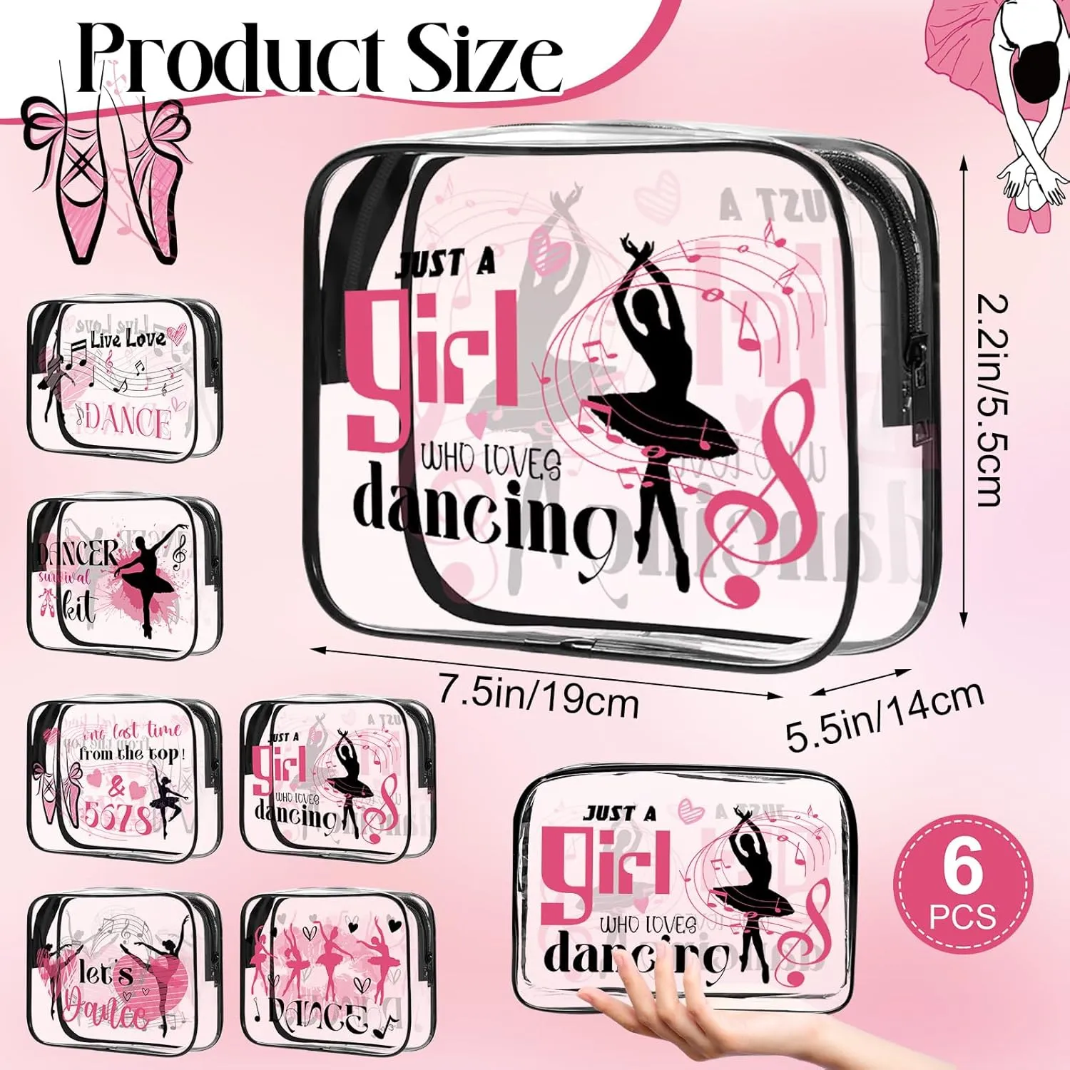 6Pcs Dance Clear Makeup Bag Dancer Gifts PVC Cosmetic Bags Transparent Plastic Pouch with Zipper Waterproof Travel Toiletry Bag Dance Gift Survival Kit for Graduation Ballet Lover Girl Dancer Teacher
