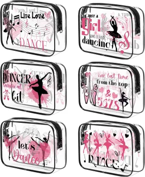 6Pcs Dance Clear Makeup Bag Dancer Gifts PVC Cosmetic Bags Transparent Plastic Pouch with Zipper Waterproof Travel Toiletry Bag Dance Gift Survival Kit for Graduation Ballet Lover Girl Dancer Teacher