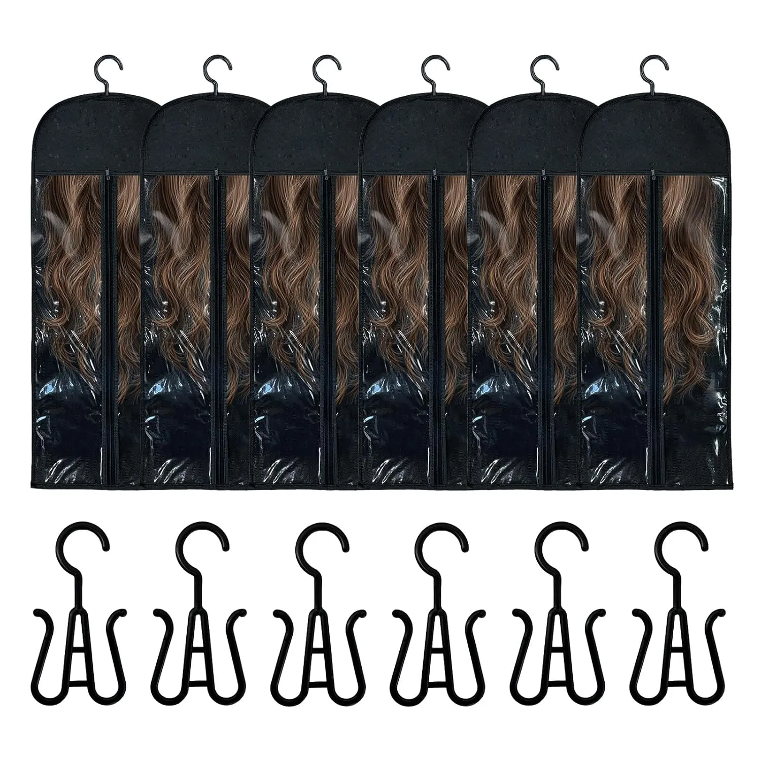 6PCS Wig Storage Bags with Hanger, 31.5" x 11.8"Wig Storage for Multiple Wigs, Dust-proof Wig Hanger Hair Extension Storage with Hook Storage, Breathable and Easy Carry Home Hair Travel Use