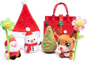8 Pcs Christmas Plush Toy Set with Carrier Purse Bag -Snowman Santa Elk Christmas Tree Stuffed Animal Dolls Gifts for Kids,Two Plushie Flower and One Santa Hats for Complete Playset