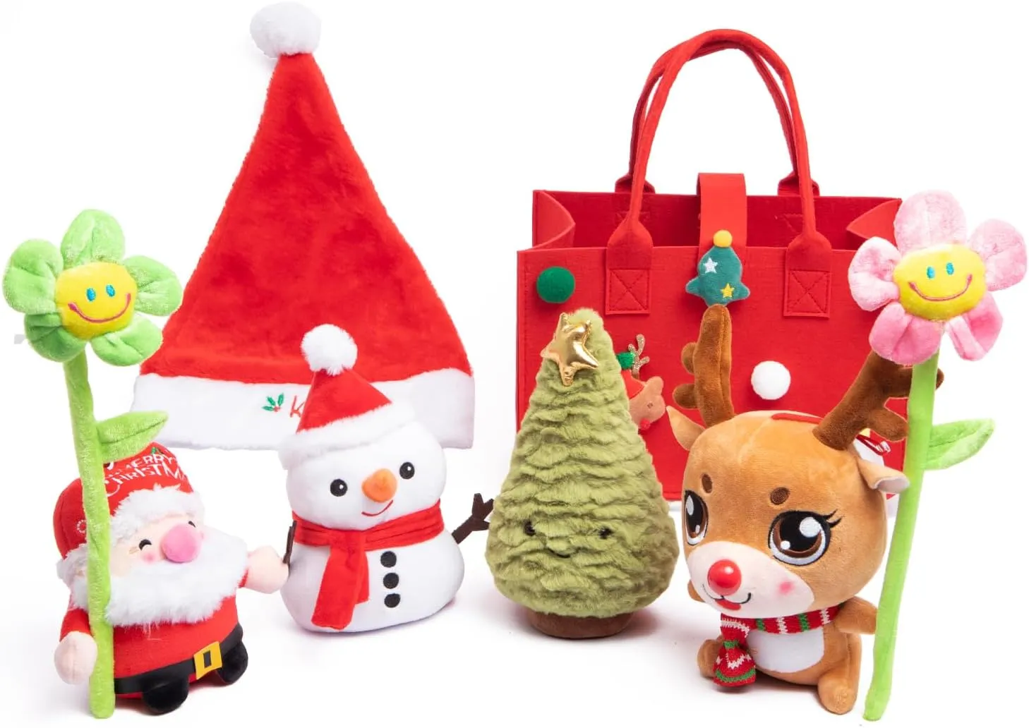 8 Pcs Christmas Plush Toy Set with Carrier Purse Bag -Snowman Santa Elk Christmas Tree Stuffed Animal Dolls Gifts for Kids,Two Plushie Flower and One Santa Hats for Complete Playset