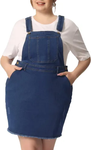Agnes Orinda Women Plus Size Denim Overall Dress Adjustable Strap Distressed Casual Denim Suspender Skirts