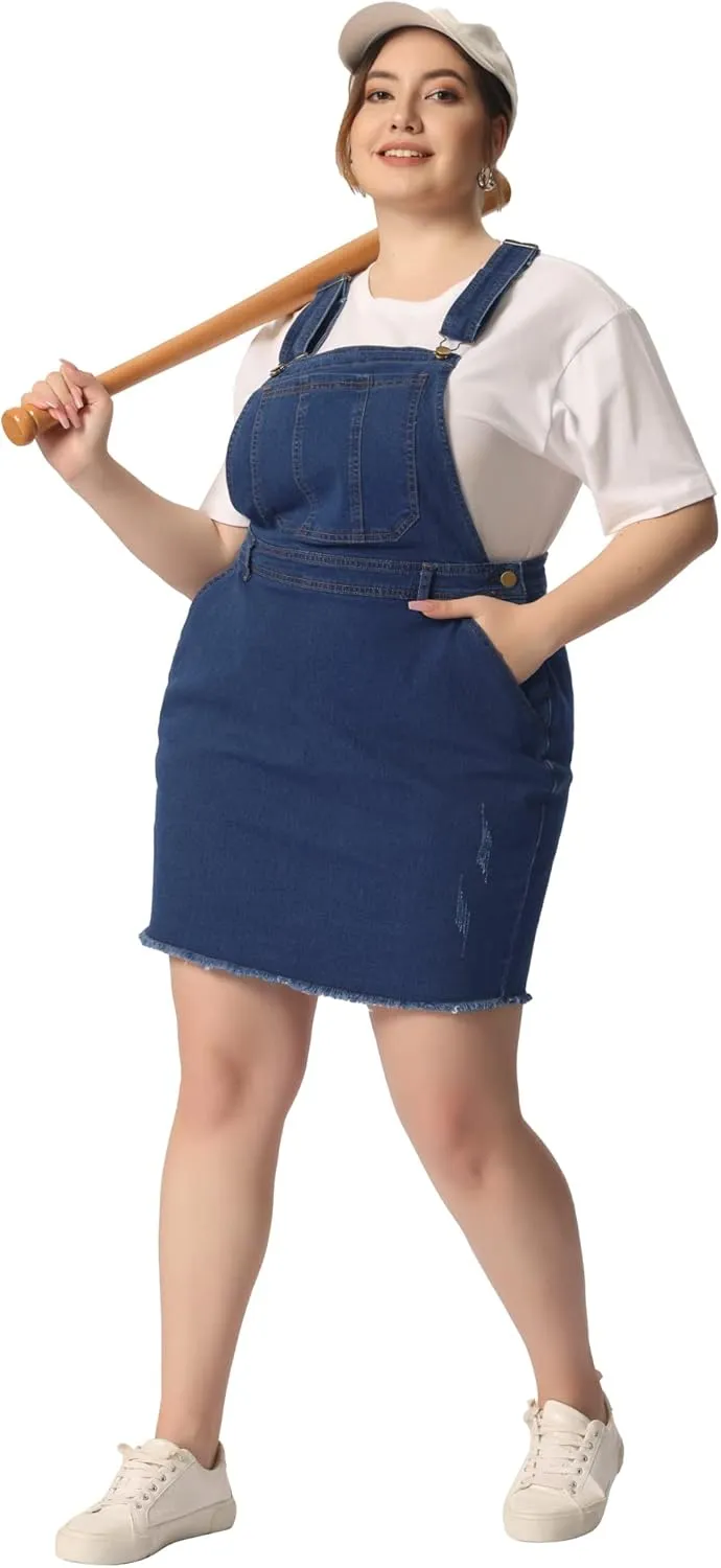 Agnes Orinda Women Plus Size Denim Overall Dress Adjustable Strap Distressed Casual Denim Suspender Skirts