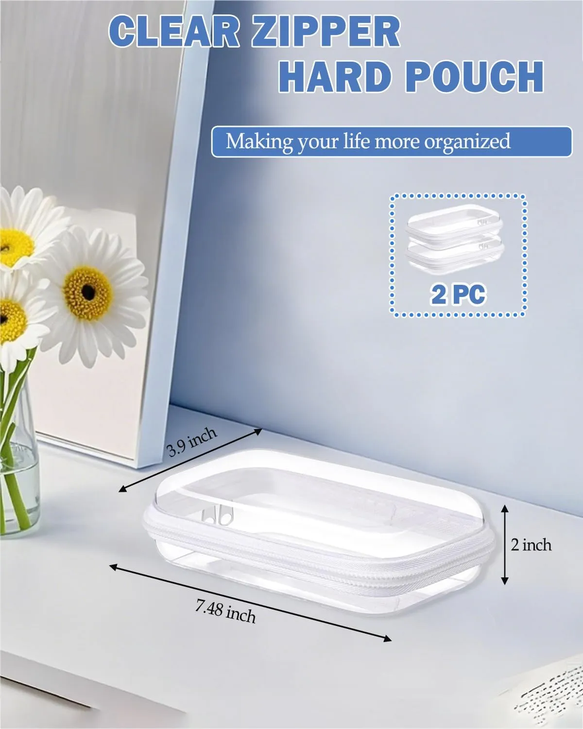 Aimery 2 Pack Clear Hard Shell Zipper Case, Waterproof Hard Plastic Zipper Pouch,Portable Clear Travel Makeup Case,Toiletry & Cosmetic Bag, Storage Zipper pouch For Snacks Toy