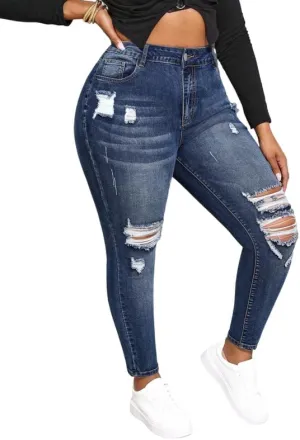 ALLABREVE Womens Plus Size Skinny Jeans Stretchy High Waisted Ankle Jean Ripped Slim Fit Washed Denim Distressed Tight Jean