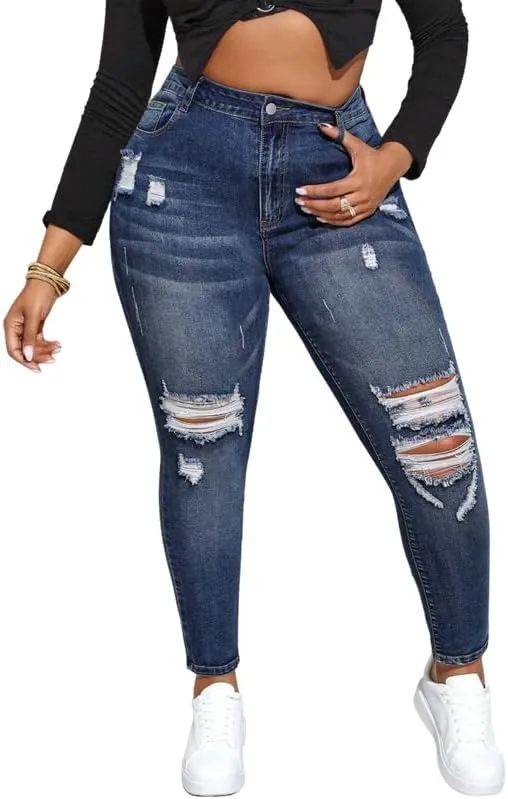ALLABREVE Womens Plus Size Skinny Jeans Stretchy High Waisted Ankle Jean Ripped Slim Fit Washed Denim Distressed Tight Jean