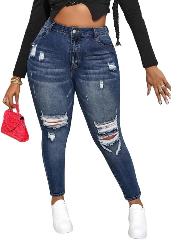 ALLABREVE Womens Plus Size Skinny Jeans Stretchy High Waisted Ankle Jean Ripped Slim Fit Washed Denim Distressed Tight Jean