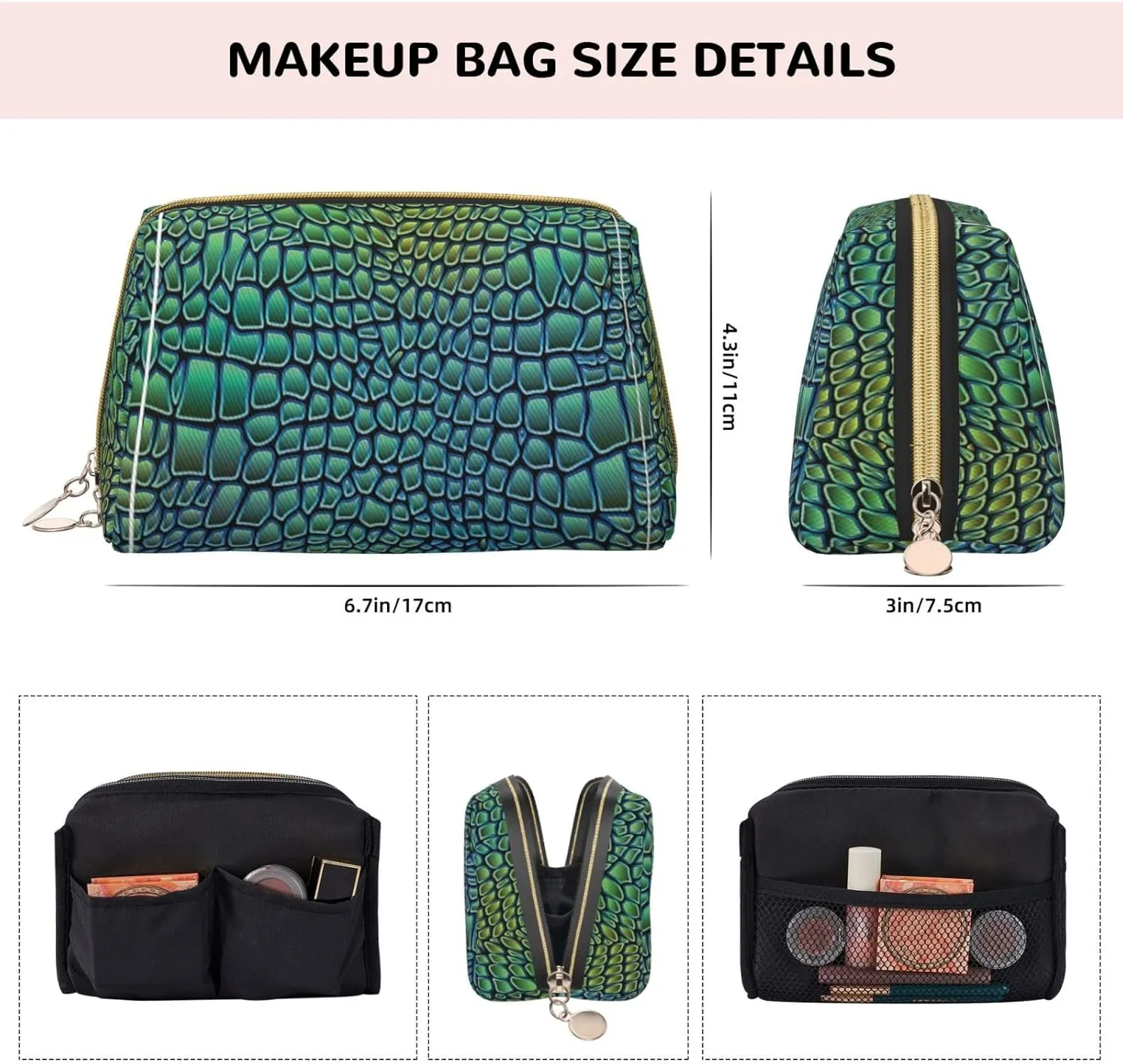 Alligator Skin Print Cosmetic Bags,Leather Makeup Bag Small For Purse,Cosmetic Pouch,Toiletry Clutch For Women Travel