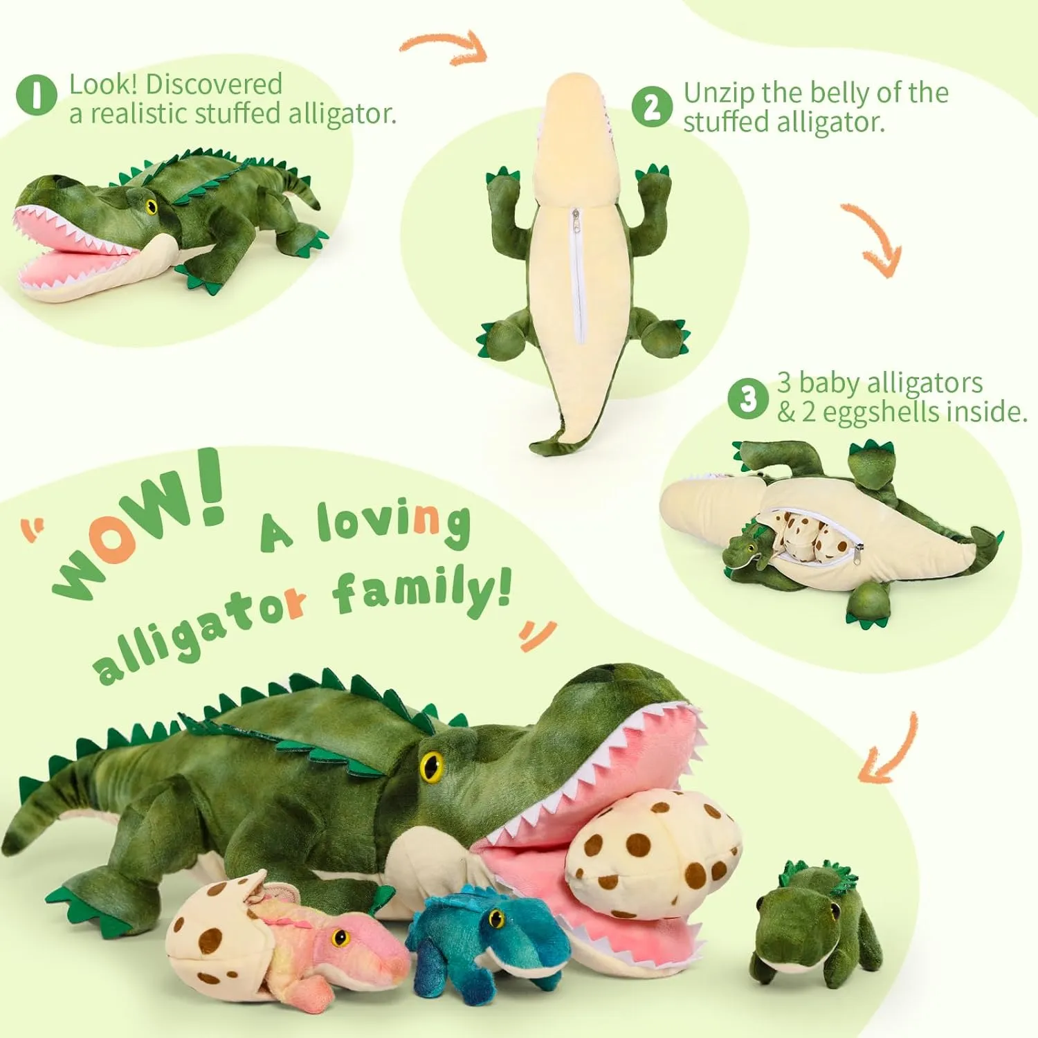 Alligator Stuffed Animal 23.6", Mommy Crocodile Plush Toy with 3 Baby Crocodile, Stuffed Alligator Plush Gift,Stuffed Crocodile for Kids on Birthday,Christmas or Baby Shower
