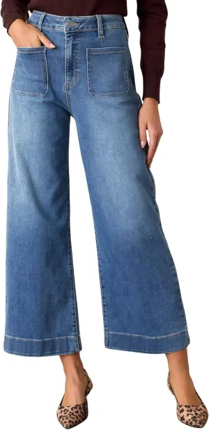 Allimy Women's High Waisted Cropped Wide Leg Jeans Stretchy Loose Denim Pants with Front Patch Pockets
