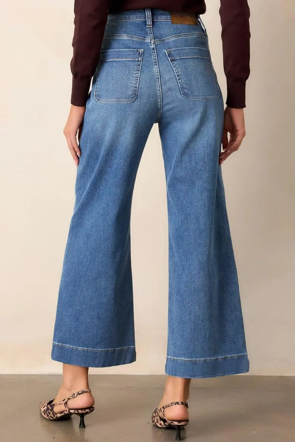 Allimy Women's High Waisted Cropped Wide Leg Jeans Stretchy Loose Denim Pants with Front Patch Pockets