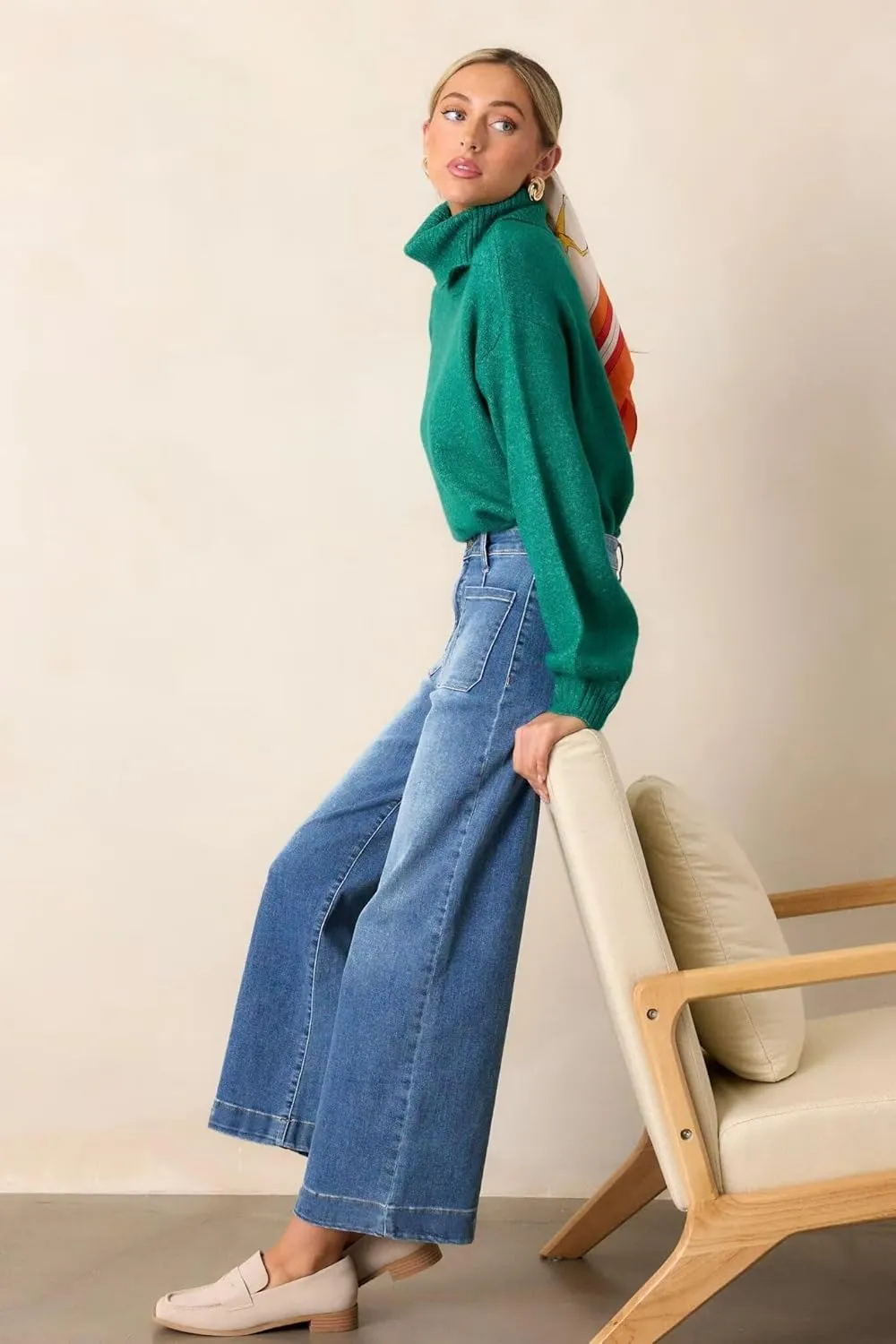 Allimy Women's High Waisted Cropped Wide Leg Jeans Stretchy Loose Denim Pants with Front Patch Pockets